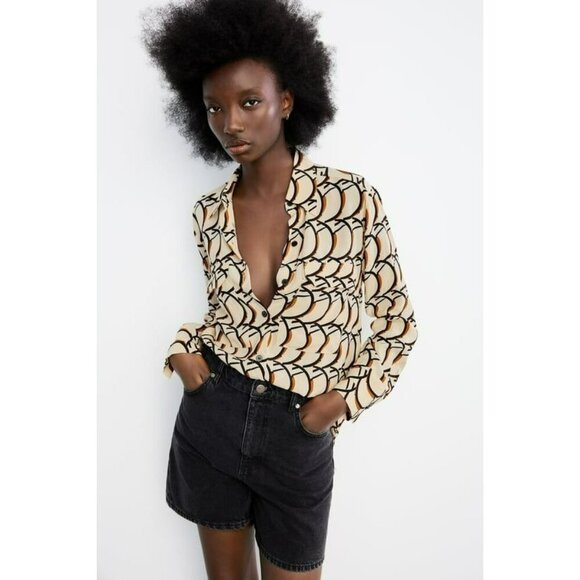 2/$30 Zara Beige Retro Print Overzised Collared Shirt Blouse Button Pockets XS - Picture 2 of 13